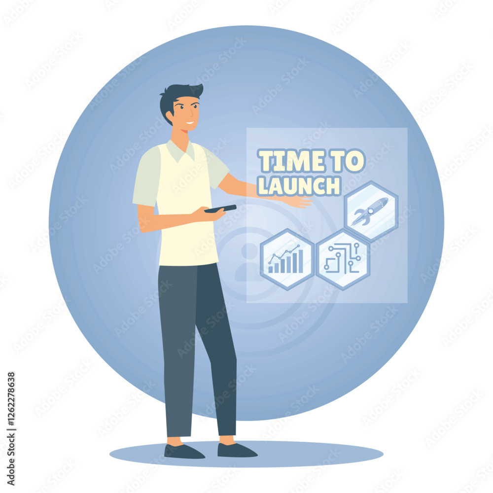 Poster business start up. writing displaying text time to launch.