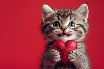 Promotion visual graphic design. Ragamuffin - my beloved cat. Cute ragamuffin baby feline with diamond red heart - emblem of love, funny greeting card. Cute pet. Animal love. Fluffy cat.