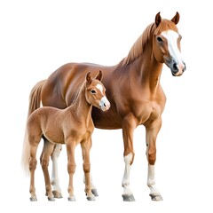 Obraz premium Mare with foal on white background, ideal for equestrian content, animal-related marketing, educational materials, or farm-themed designs