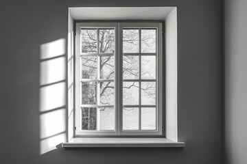 Fototapeta premium White framed window with view of winter trees outside
