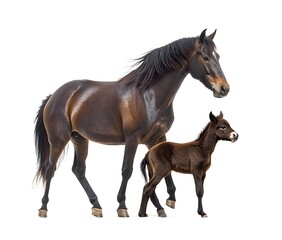 Fototapeta premium Mare with foal on white background, ideal for equestrian content, animal-related marketing, educational materials, or farm-themed designs