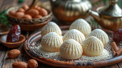 Arab sweets. Traditional eid semolina maamoul or mamoul cookies with dates and pistachio nuts  