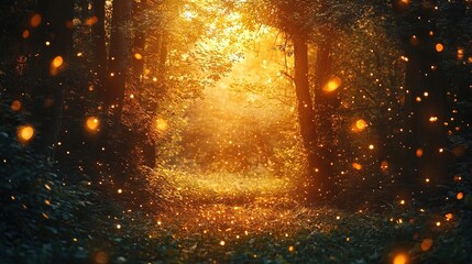 Naklejka premium Mystical forest bathed in golden light with glowing fireflies 
