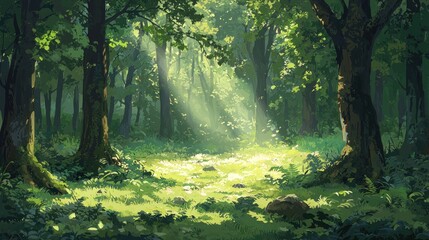 Obraz premium Sunlit Forest Enchantment: A Digital Painting of Serene Woodland