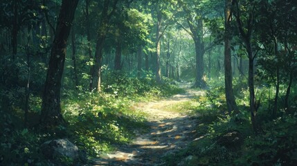 Obraz premium Sunlit Forest Path: A Digital Painting of a Serene Woodland Scene