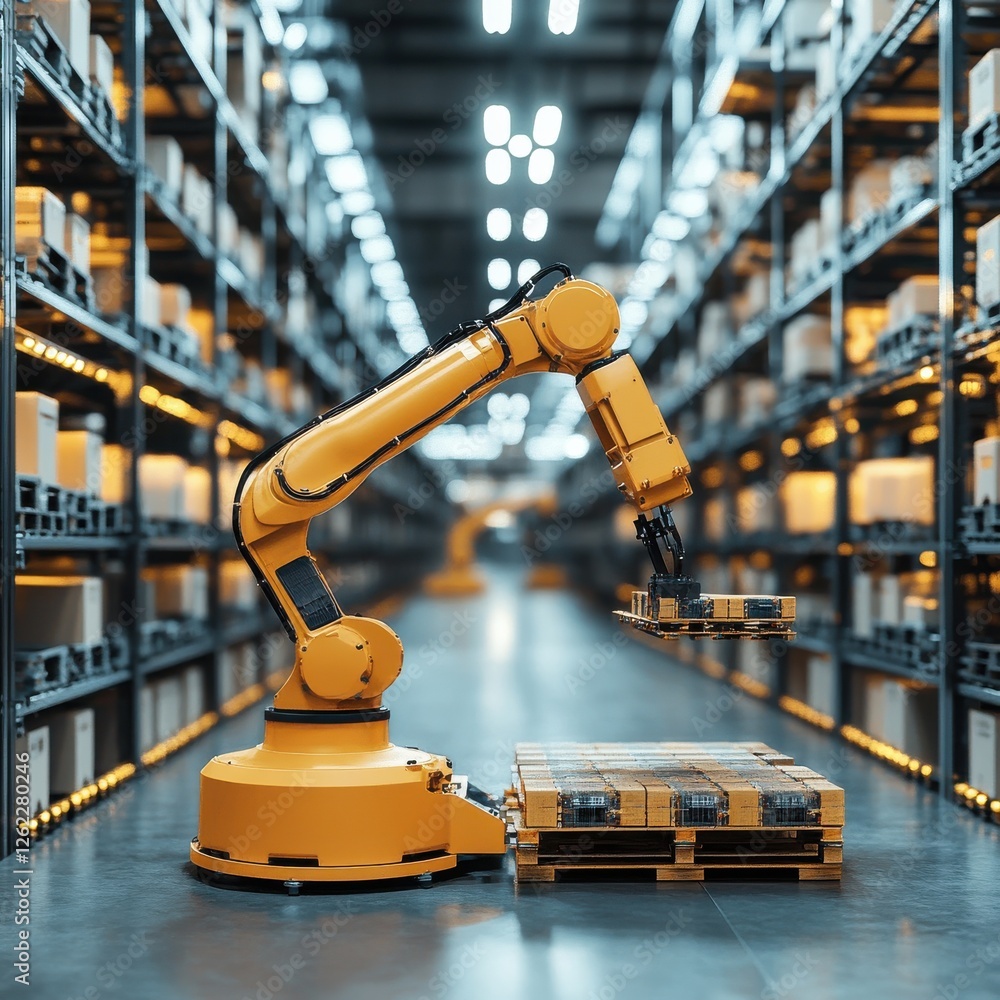 Poster automated robotic arm in a modern warehouse handling pallets with precision and efficiency.