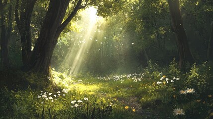 Obraz premium Sunlit Forest Path: A Magical Woodland Scene
