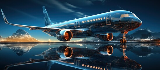 Modern Airplane on Reflection Surface with Scenic Background