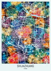 Obraz premium Shijiazhuang China Map. downtown printable Landmarks, print city painting, travel art, city banner, modern city, urban city art, background abstract city Map