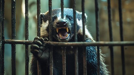 A ferocious honey badger growling as it claws at the bars of its cage, its sharp teeth visible.
