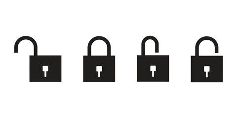 Lock icon clipart. Closed and opened locks symbol. Lock key, padlock, security icon vector illustration. Door locked and unlocked black line icon set in flat style.  Safety and privacy concept