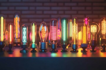 Incandescent light bulbs in a row on a dark background