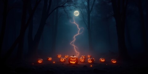 Obraz premium Enchanted Forest Night Scene with Glowing Jack-o'-lanterns Under a Full Moon and a Bolt of Lightning