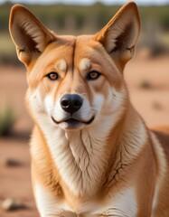 Fototapeta premium Male dingo with sandy coat and alert eyes in outback background