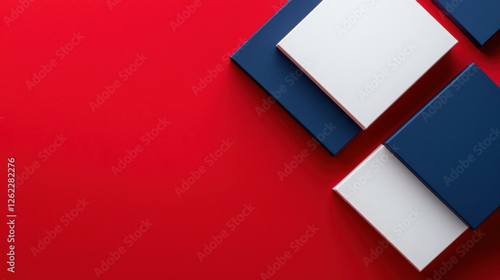Poster geometric squares on red backdrop abstract composition