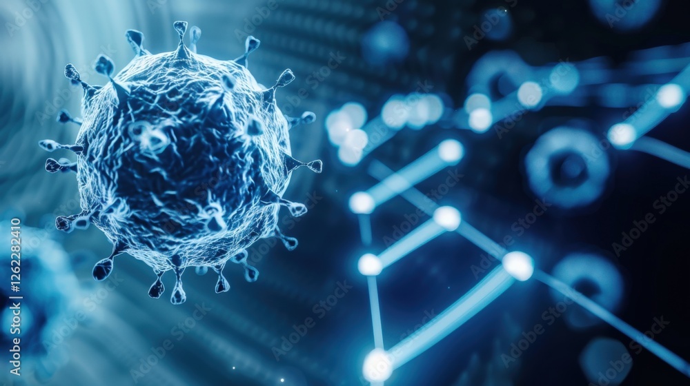 Poster microscopic observation of virus activity laboratory setting scientific visualization high-tech envi