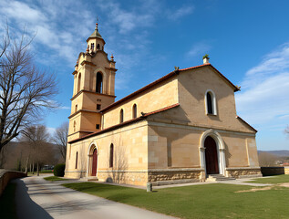 Fototapeta premium An Orthodox church standing amidst lush greenery, with a dramatic dark sky in the background.