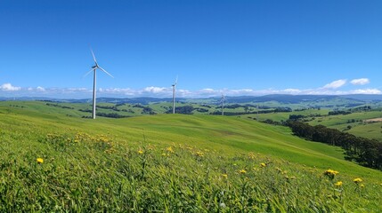 Serene Green Hills with Wind Turbines Under a Clear Blue Sky