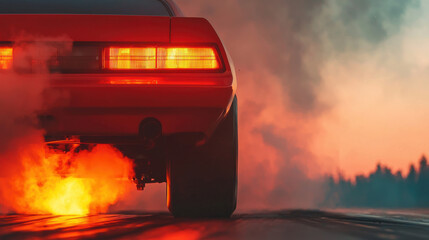 Cool and Masculine Tire Theme, Car rear with smoke and flames during thrilling drag race moment