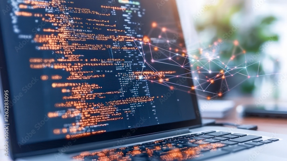 Poster digital code network connections laptop screen technology data innovation programmin