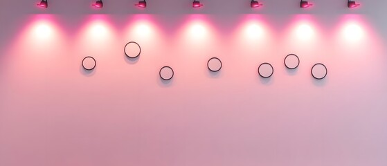 A rectangular white wall with eight magenta spotlights, showcasing seven small circular blank frames placed randomly across the surface.