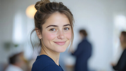 French businesswoman wearing blue smart-casual smiling at office activity