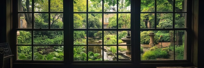 Serene Garden View Through a Large Paned Window
