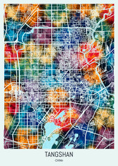 Tangshan China Map. downtown printable Landmarks, print city painting, travel art, city banner, modern city, urban city art, background abstract city Map