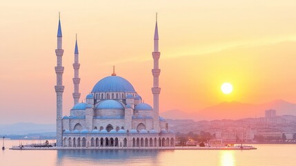 Naklejka premium Majestic Sunset Mosque Serene Islamic Architecture Travel Photography