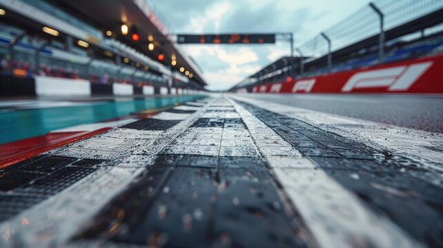 A close-up view of the finish line at Silverstone Circuit, showcasing the wet asphalt after a rain shower. The scene captures the excitement of motorsport events.