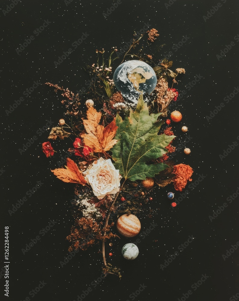 Poster cosmic elements are incorporated into an artistic representation of a leaf on a plain black backgrou
