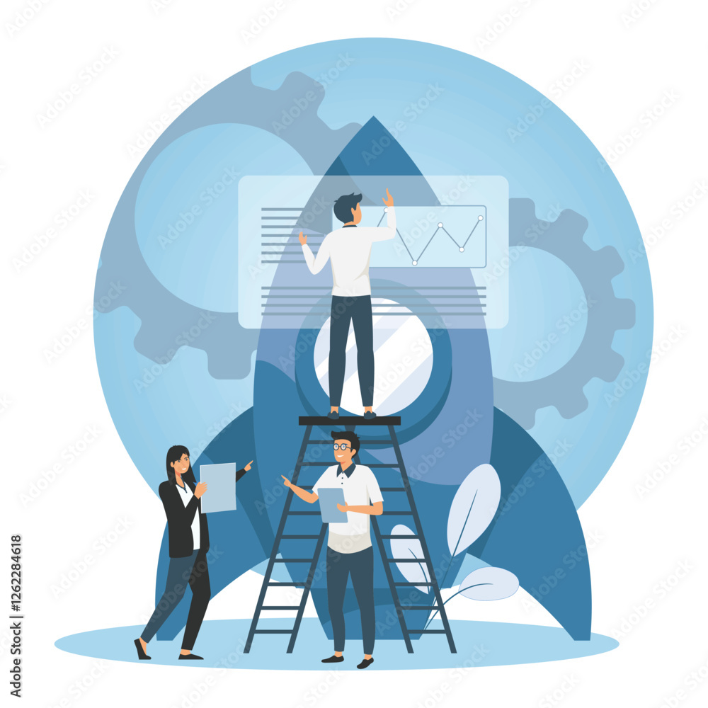 Poster development concept. teamwork collaboration for business project launch.