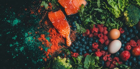 A visual representation of a balanced diet is formed by a diverse array of ingredients, including fresh seafood, nuts, grains, and dairy products