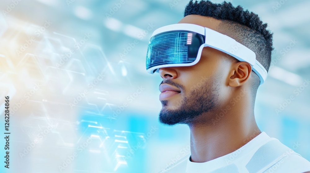 Poster man experiencing virtual reality with tech gear