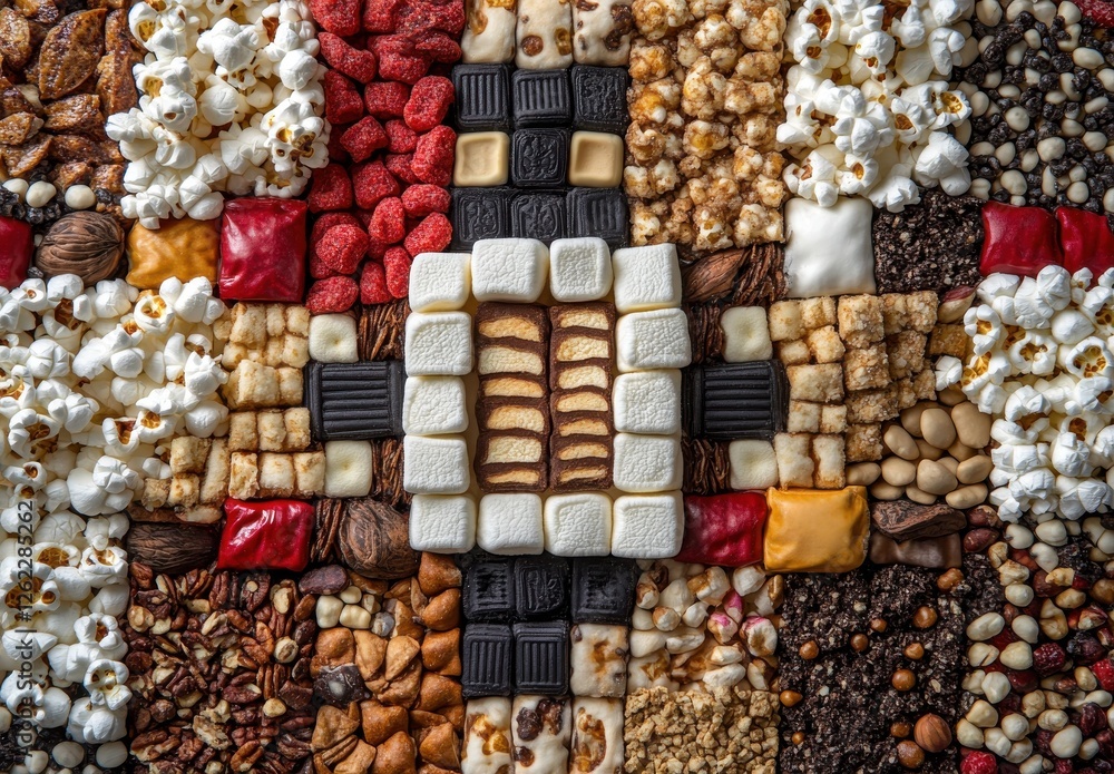 Aufkleber colorful array of snacks and treats displayed in an intricate pattern featuring popcorn, chocolate, 