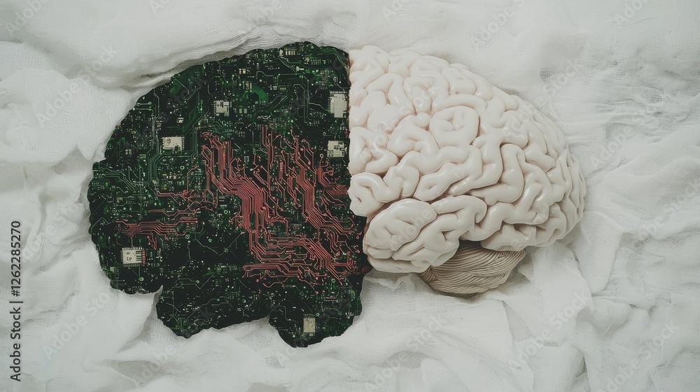 Poster half a digital brain merging with a biological brain, symbolizing the integration of stock and human