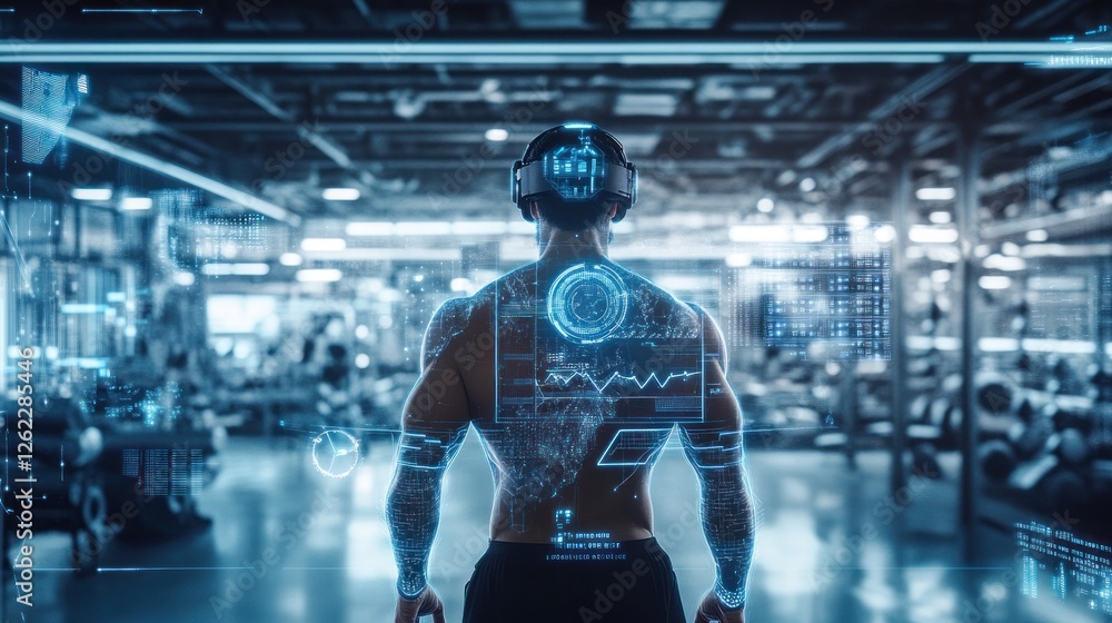 Poster man in gym with advanced virtual reality interface