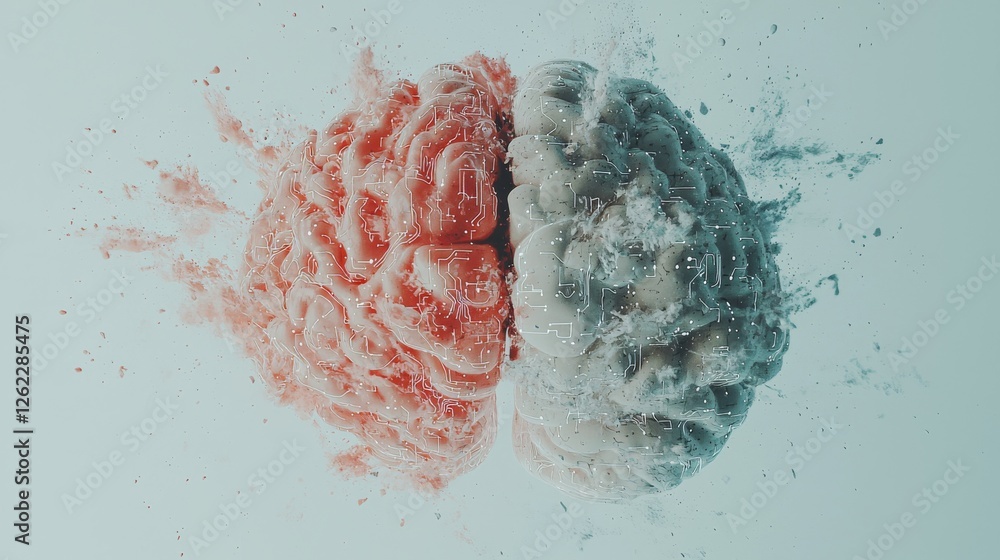 Poster a digital brain integrating with a biological one, illustrating the relationship between stock marke