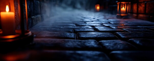 Fototapeta premium Cobblestone Street Lit by Candles in the Dark