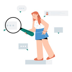 Woman Searching Online Conversations With Magnifying Glass. Flat Vector Illustration About Social Media Research, Online Investigation, And Digital Analysis, Isolated On White Background