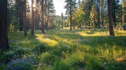 Obraz premium Sunlit Forest Meadow: A Serene Summer Sunrise