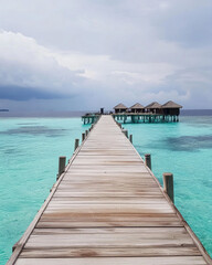 Fototapeta premium Serene Wooden Pier Leading to Overwater Bungalows in a Tropical Lagoon Under a Cloudy Sky