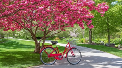 Fototapeta premium Red bike park path spring blossoms garden