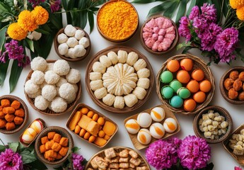 Colorful Array of Traditional Sweets and Desserts Surrounded by Vibrant Flowers in Baskets and Plates Perfect for Celebrations and Festivals