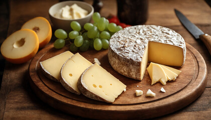 French Cheese. Soft and fresh French cheese on a wooden board.