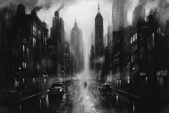 Fototapeta Sin City Noir Landscape: Cold Misty Street View in a Stormy Black-and-White Illustration