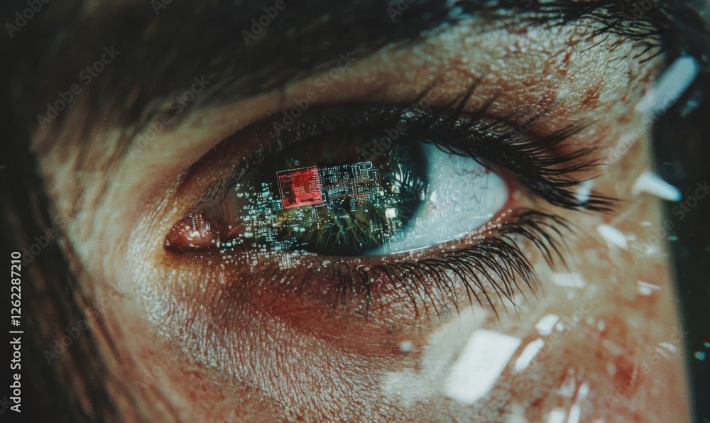 Aufkleber a close-up view of an eye with digital circuitry visible in the reflection of the pupil