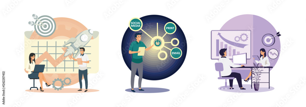 Poster launching advertising campaign. communication strategy. analyzing graphs and data.