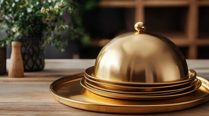 Golden dish tray. Luxury restaurant golden dishware, cooking equipment, and cafe waiter 3d realistic bronze or gold metal dome platters or dish trays mockups with closed and open lid
