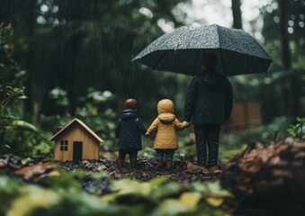 A tiny umbrella provides a protective cover for a family of wooden models sitting on a tabletop, embodying feelings of safety, defense, and security in health and insurance contexts